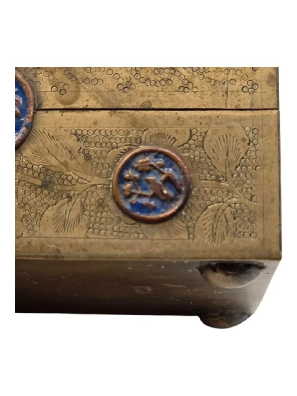 Antique Brass Jewelry Box Cloisonné Floral Bird Design Vintage Trinket Storage